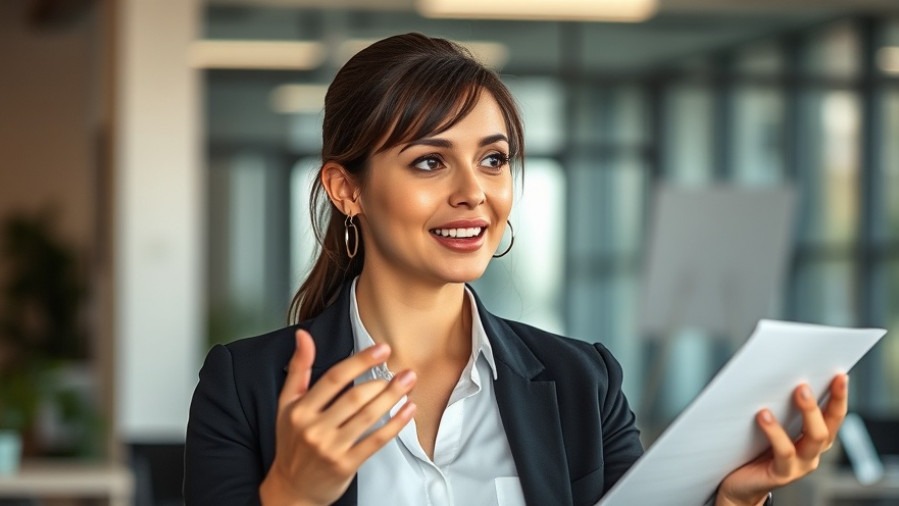 Businesswoman shares heel pain management tips with supportive footwear in a lifelike office.