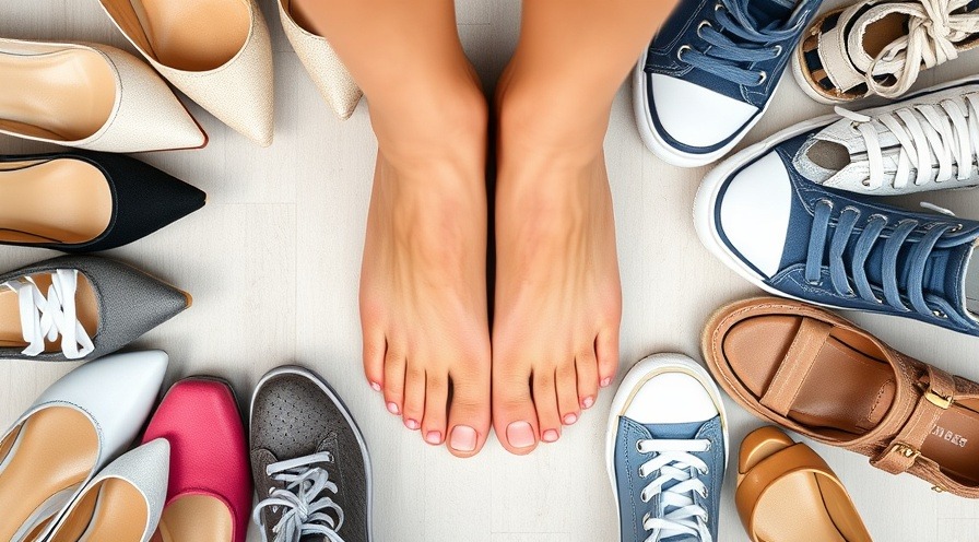 An overhead view of various shoes around a woman's bare feet, highlighting footwear's impact on foot health.