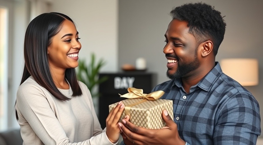 Smiling teen daughter giving gift to father on Father's Day.