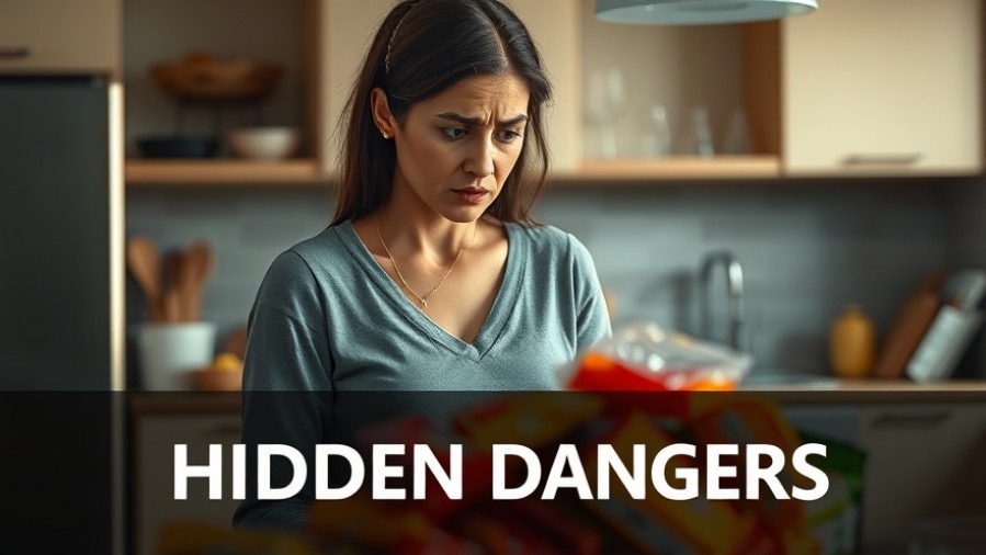 Worried woman in kitchen contemplating health risks of processed foods with a pile of colorful snacks.