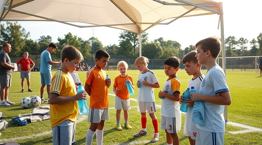 Photorealistic youth soccer match during hydration break under a tent in NC summer.