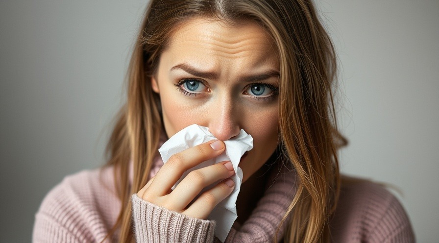 Woman with head cold displaying body toxicity symptoms, holding tissue for health awareness.