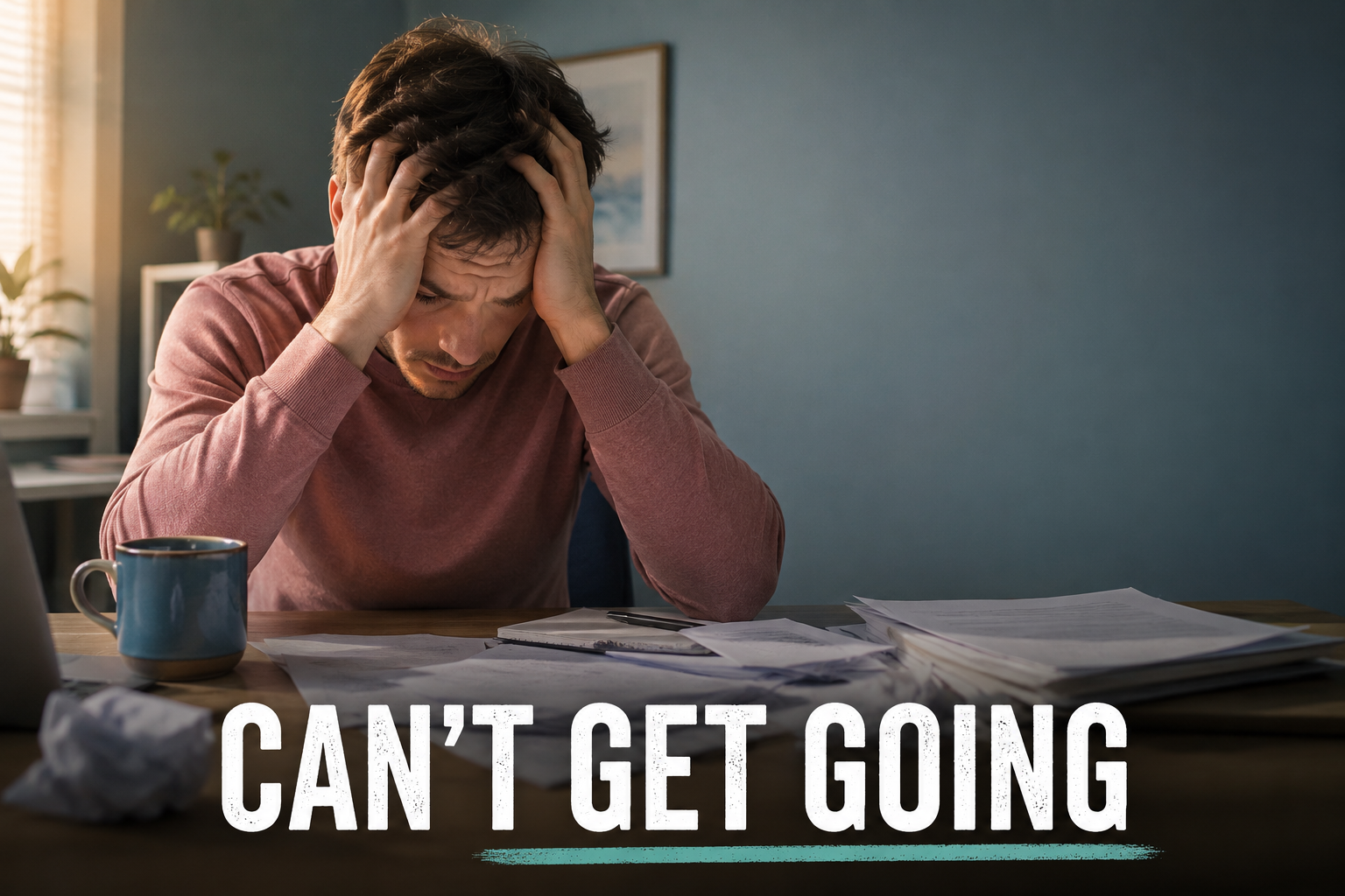 Frustrated young man at desk, head in hands, surrounded by to-do lists and a ticking clock.