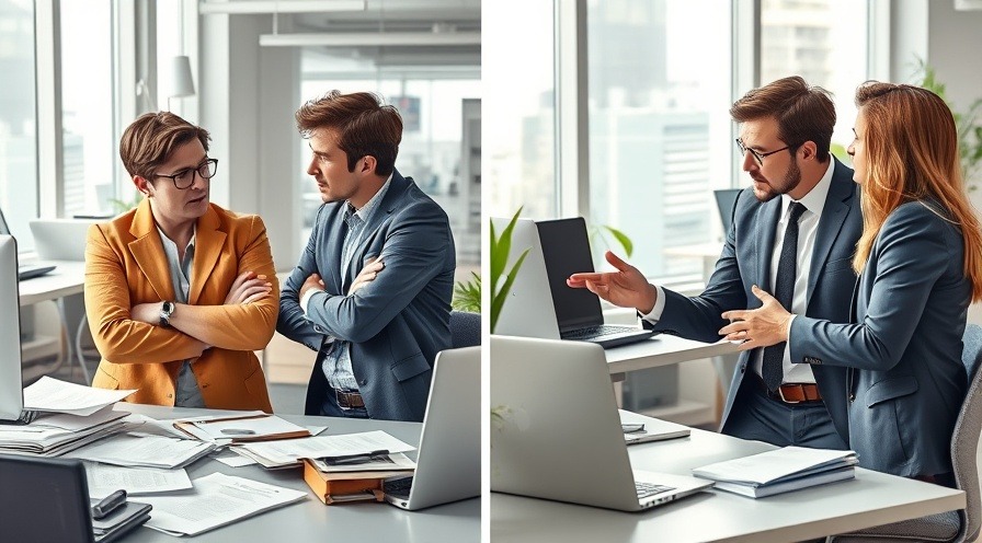 Split-scene shows office coworkers arguing vs. calmly discussing solutions.