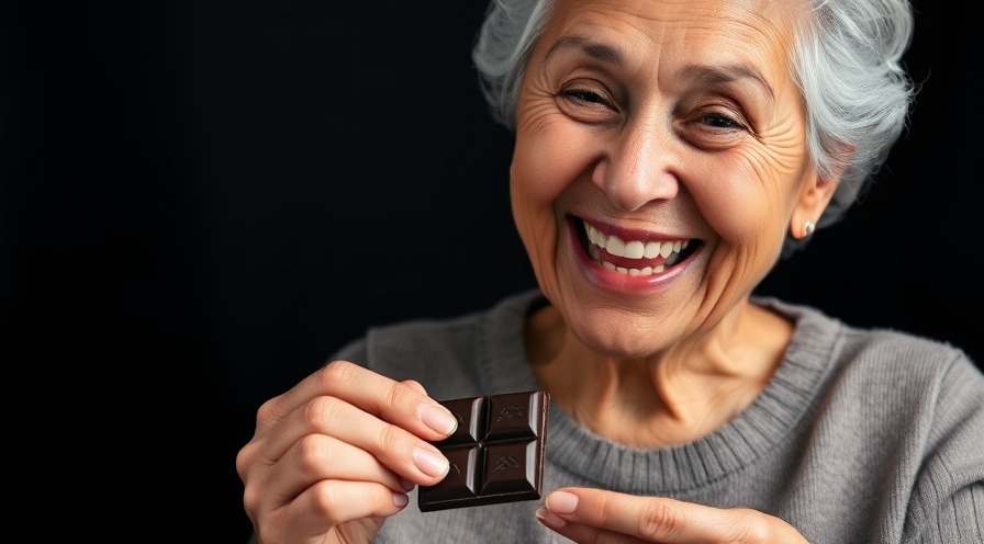 Smiling elderly Hispanic woman holding dark chocolate, showcasing the benefits of holistic medicine.