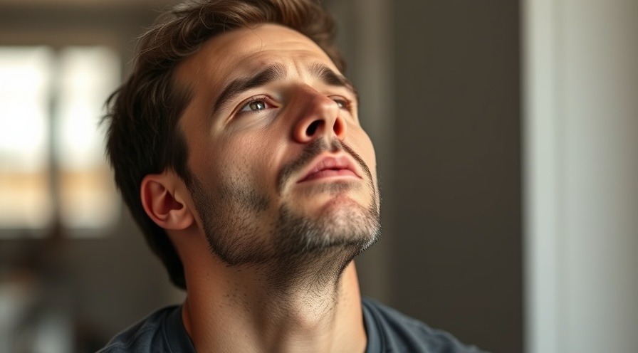 A 38-year-old man taking a deep breath to calm down and relax.