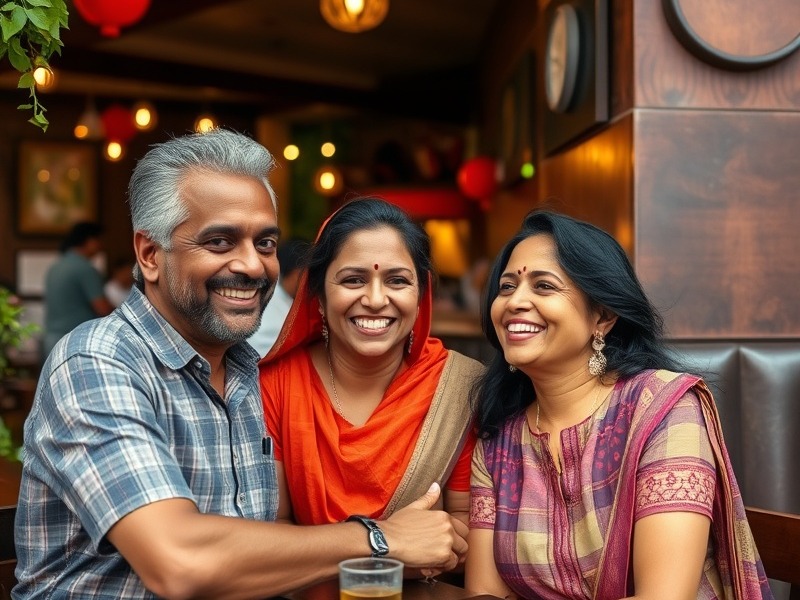 Family smiling together outside at a cozy eatery.