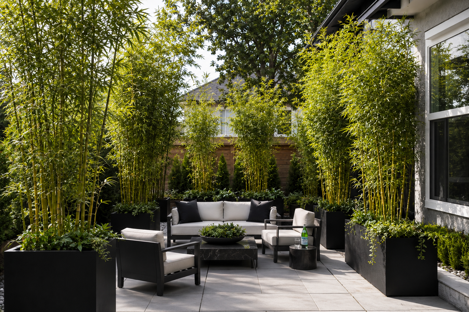 Cozy garden backyard patio with bamboo accents