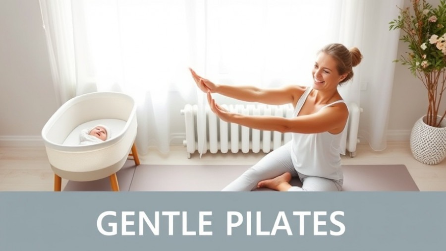 New mom smiling while performing gentle Pilates stretches in soft morning light.