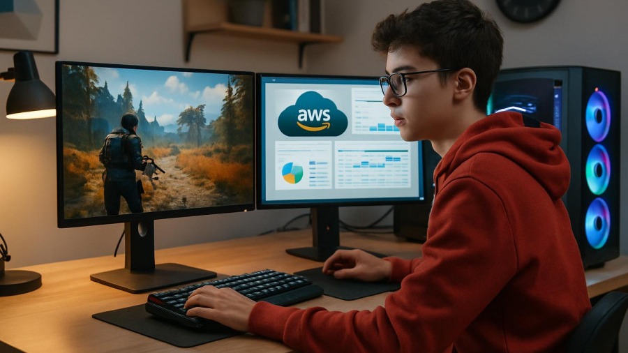 Young gamer with AWS dashboards on a powerful PC in a modern workspace.