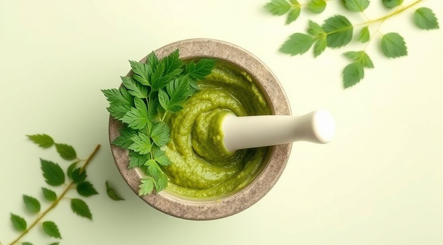 Fresh neem leaves in mortar for natural remedies and skin health preparation.