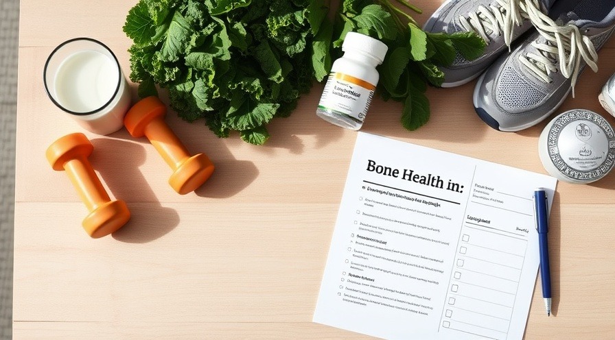 Flat-lay of dumbbells, greens, milk, and wellness plan promoting bone health.