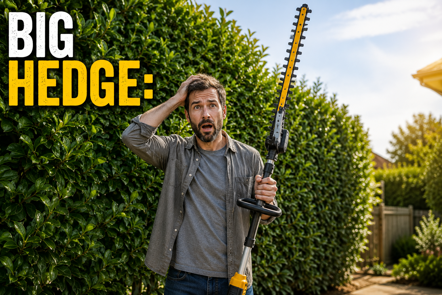 Surprised homeowner holding a hedge trimmer next to an overgrown hedge.