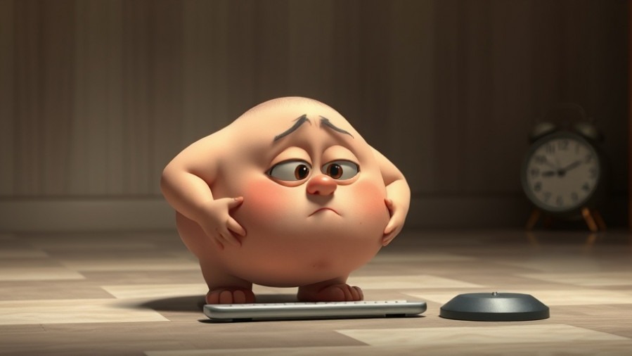 Chubby character confused by scale, exploring Ozempic side effects and weight loss.