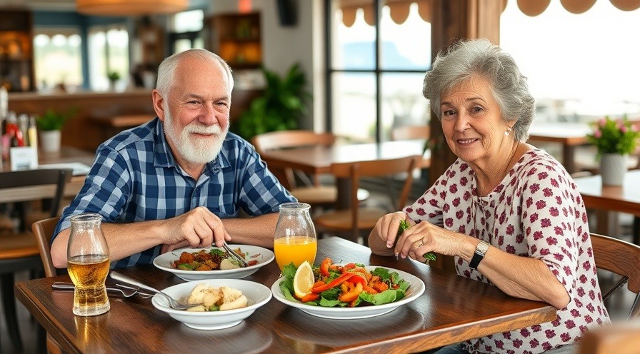 retired couple enjoying healthy meal at coastal town restaurant
