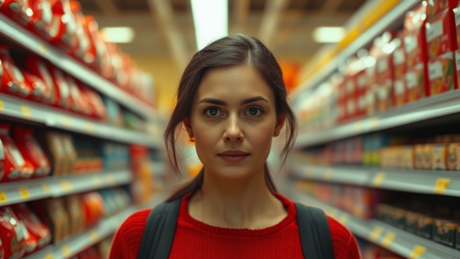 Calm woman in grocery aisle with red packaged items, reflecting on processed meats cancer risk.