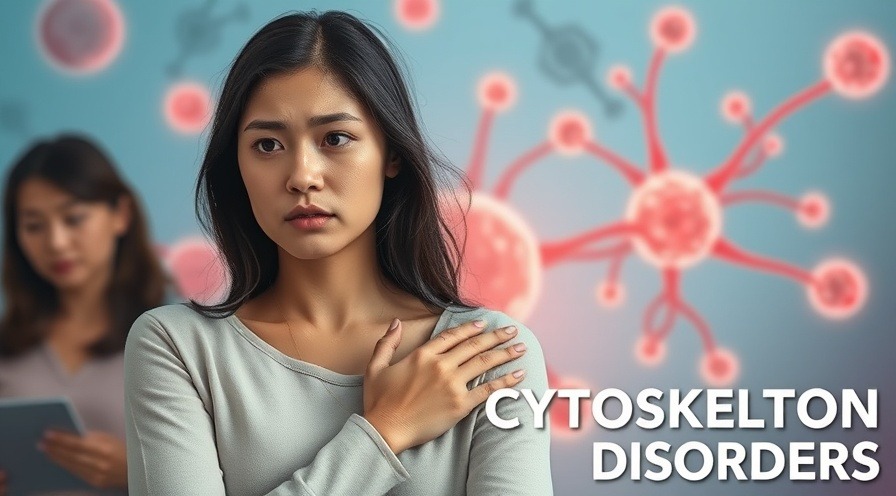 Young woman expressing concern about cytoskeleton disorders, with cell graphics behind.