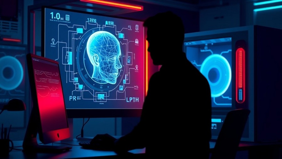 Human silhouette collaborates with AI hologram in a neon-lit modern workspace.