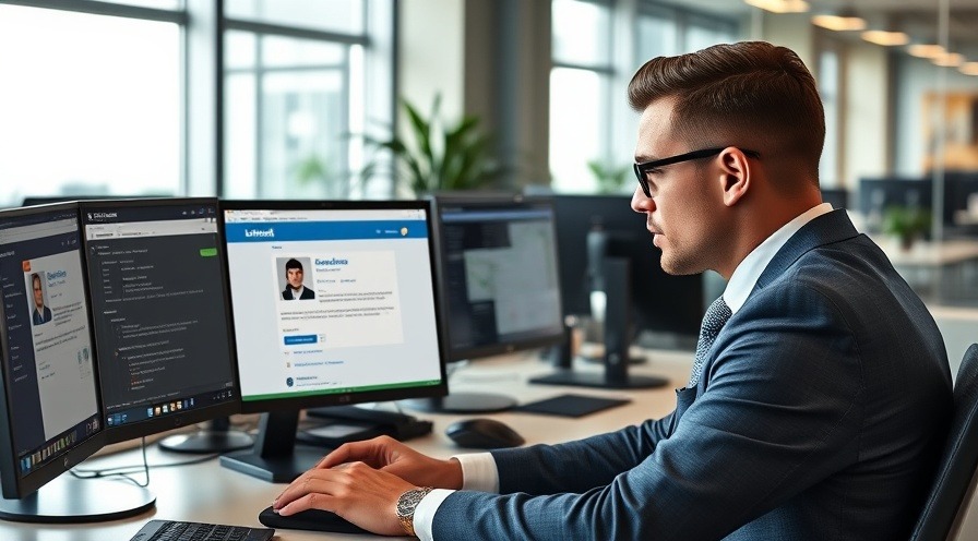 Photorealistic hiring manager reviewing a candidate profile in a modern office setting.