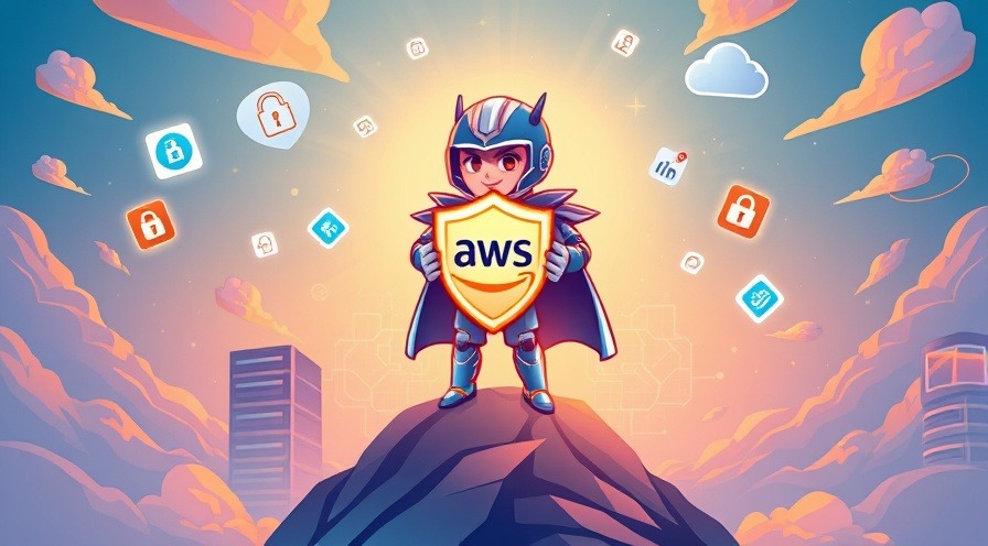 Futuristic cartoon cloud guardian on a digital peak with AWS shield, symbolizing cloud security.