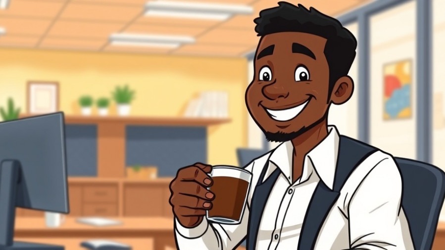 Black IT professional smiling with coffee in office breakroom, cartoon style