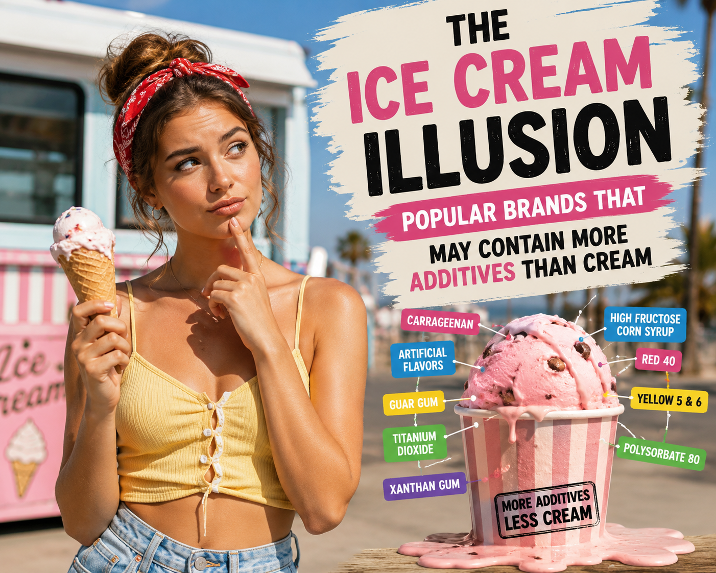 Young woman with melting ice cream, questioning ingredients, bright pastel vibes.