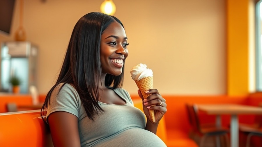 Attractive black expectant mother savoring healthy swaps in ice cream indoors.