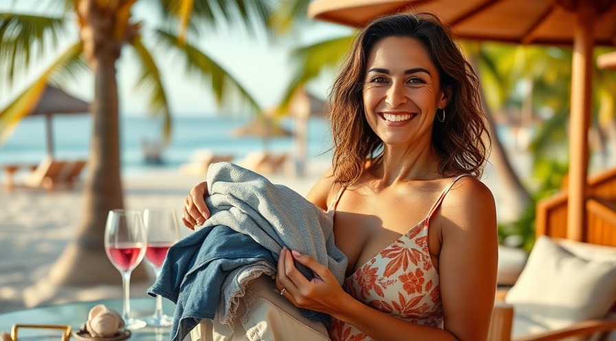 Happy woman simplifying life after 50 at a beach, holding clothes.