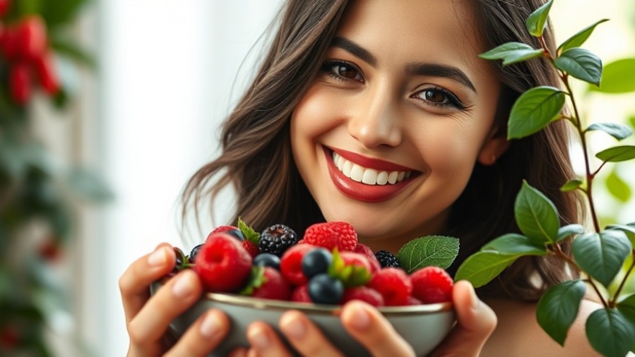 Confident young woman with vibrant berries promoting brain health and memory enhancement.