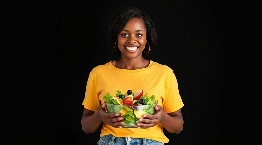 Smiling black woman with salad bowl, showcasing weight loss and hidden carbs.