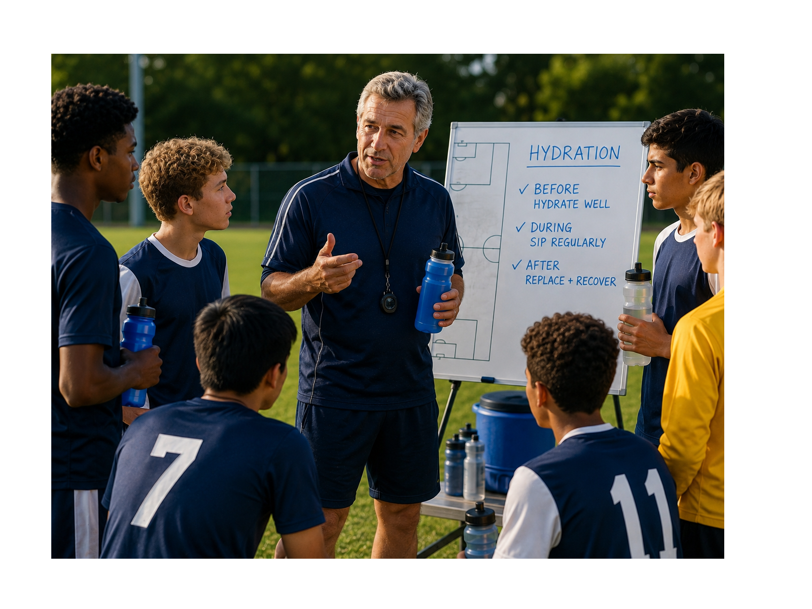 Coach T leads hydration discussion outdoors