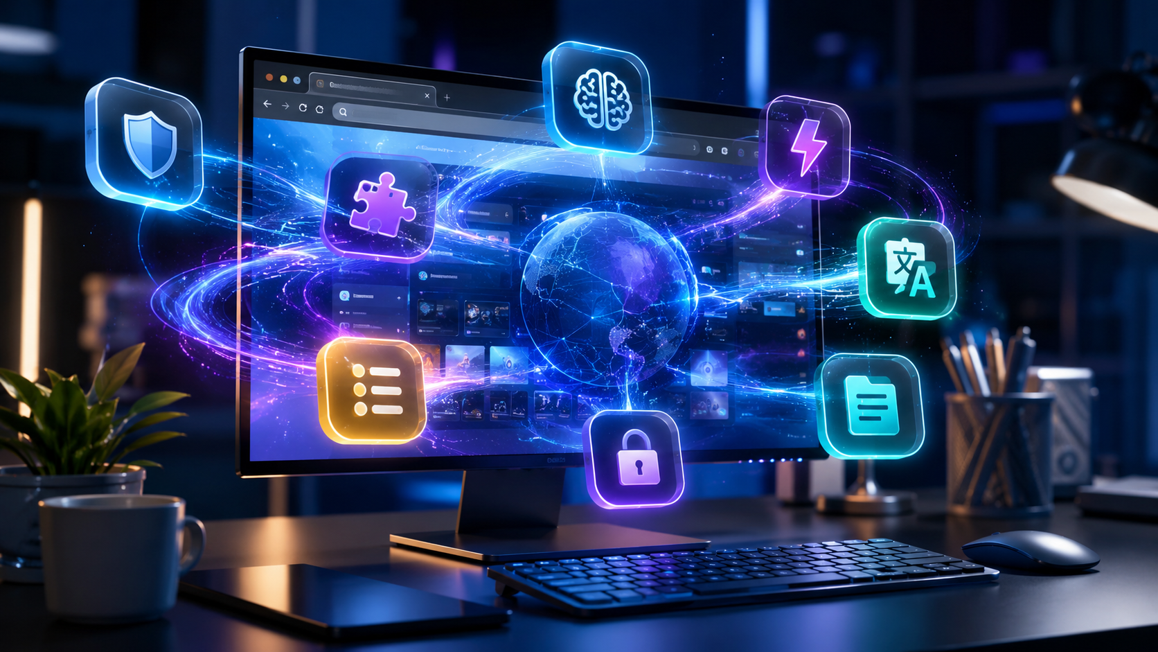 Futuristic cyber workspace with neon glow