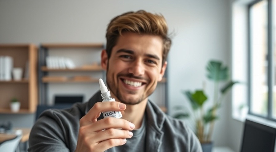 Young man smiling with Cequa eye drops for dry eye treatment in modern office.