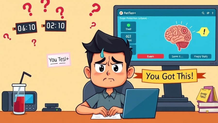 Cartoon character focused on PenTest+ exam, surrounded by motivational elements.