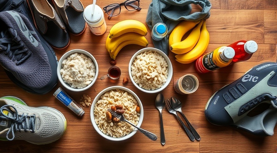 Healthy pre-race foods flat lay with oatmeal, bananas, and electrolyte drinks.