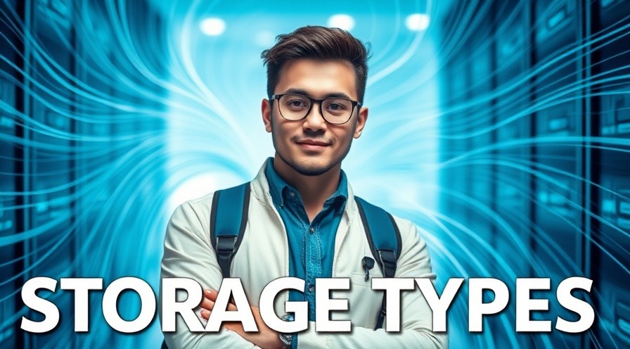 Confident IT professional amidst abstract storage types, evoking a tech-savvy atmosphere.