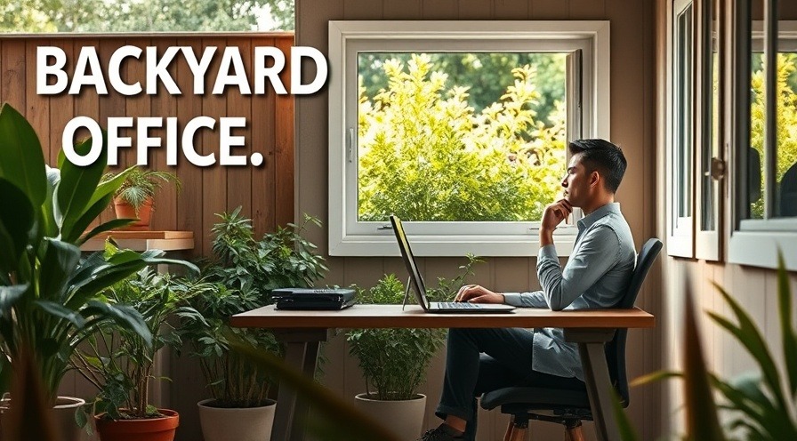 Confident professional in a backyard office, contemplating greenery through the window.