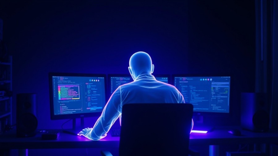 Cyberpunk Ghost: Neon silhouette at a desk with three monitors in dark, futuristic vibe.