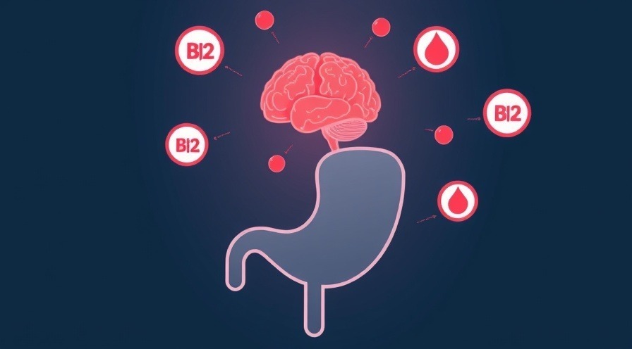 the stomach turning into a shield protecting a brain and red blood cells, with vitamin B₁₂ icons orbiting