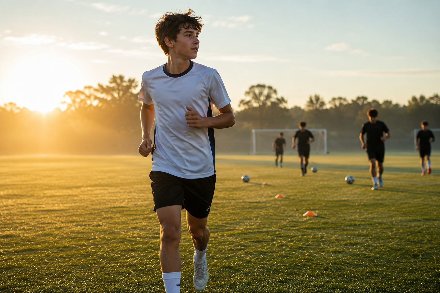 Morning soccer practice in golden light
