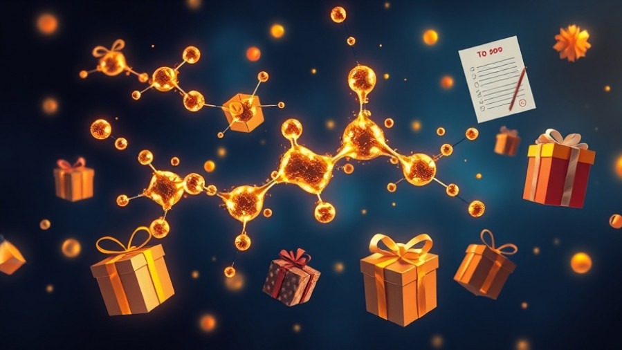 Dopamine molecules as glowing particles in neural pathways with holiday gifts, digital art.