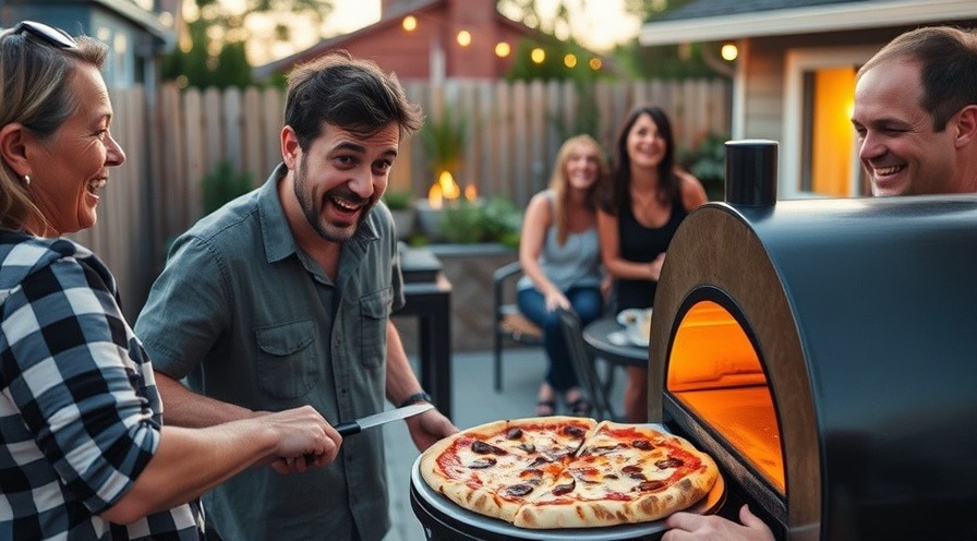 Beginner pizza maker surprised by slightly burnt pizza in a relaxed backyard gathering.
