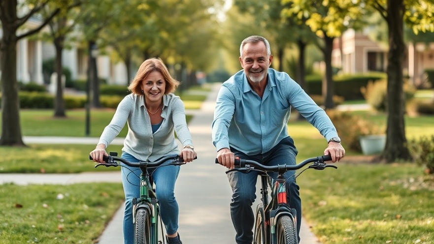 Middle aged couple riding bikes on suburban sidewalk after work.