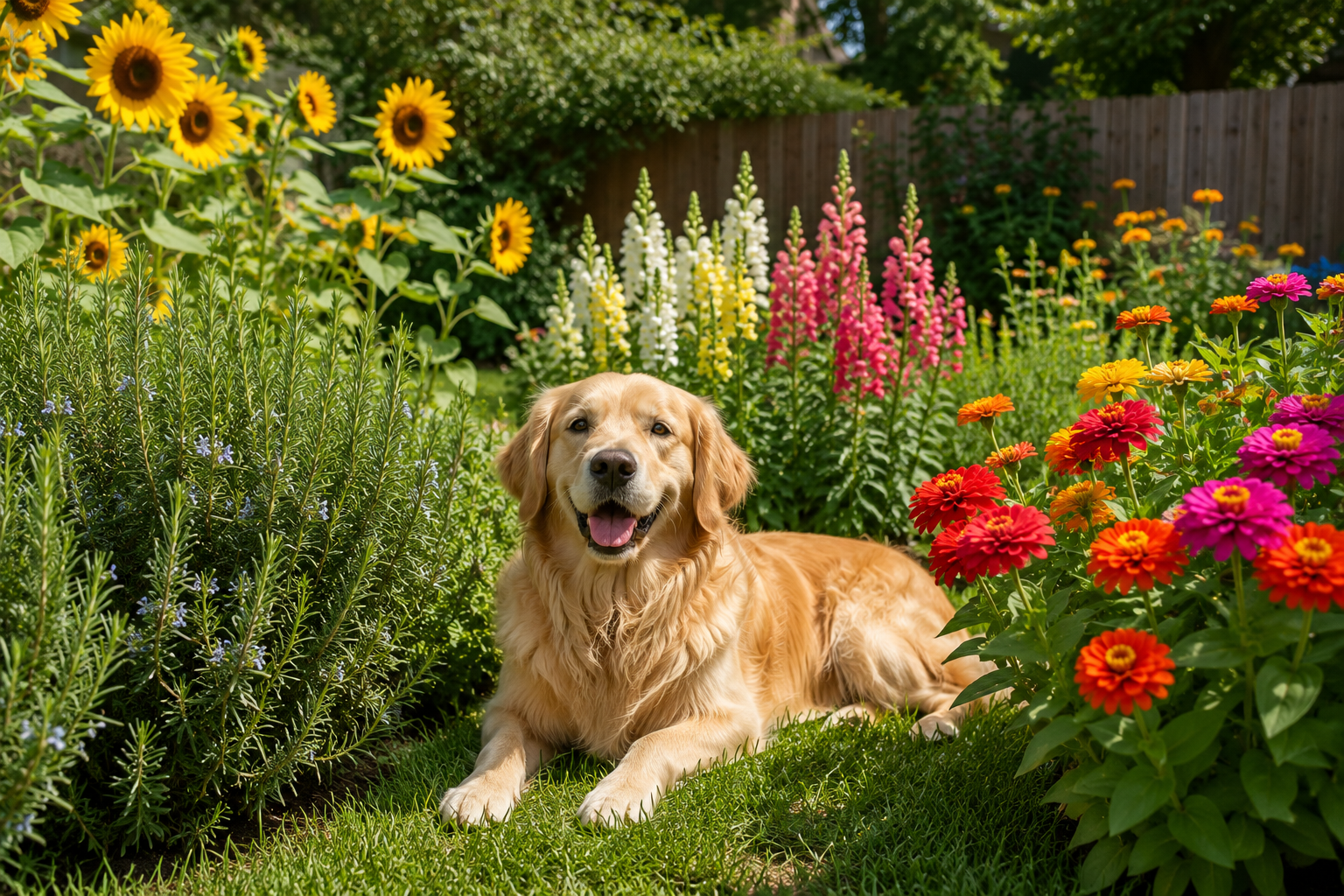 happy dog relaxing safely on the grass