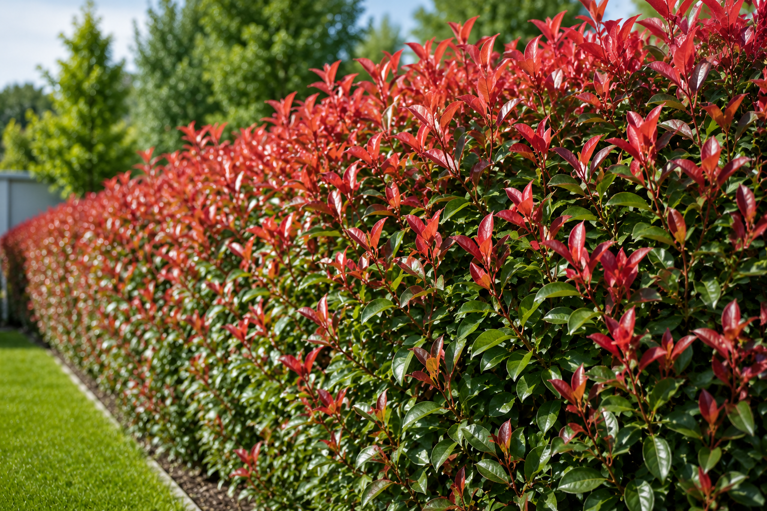 Bright garden hedge with red leaves