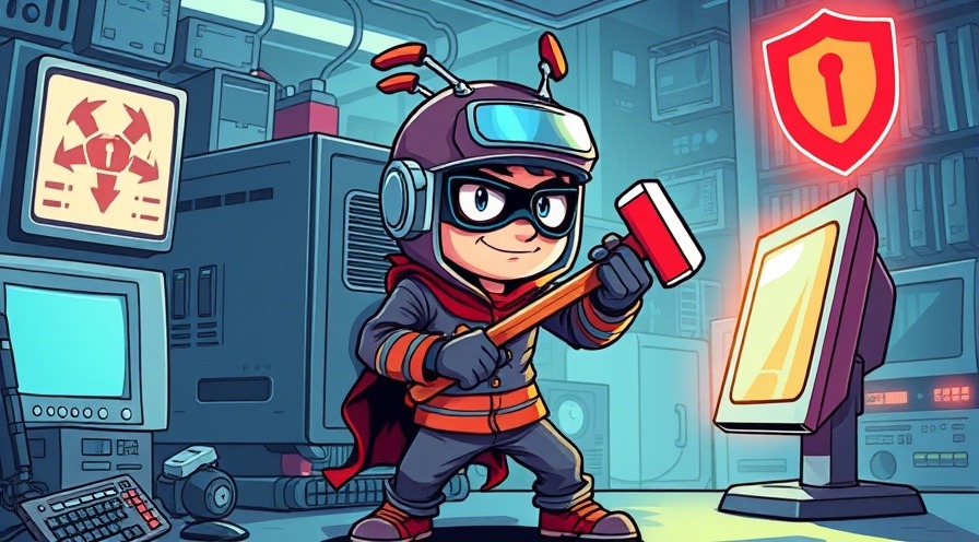 cartoon of a cyber nerd hero with crowbar and firewall, vivid tech contrast.