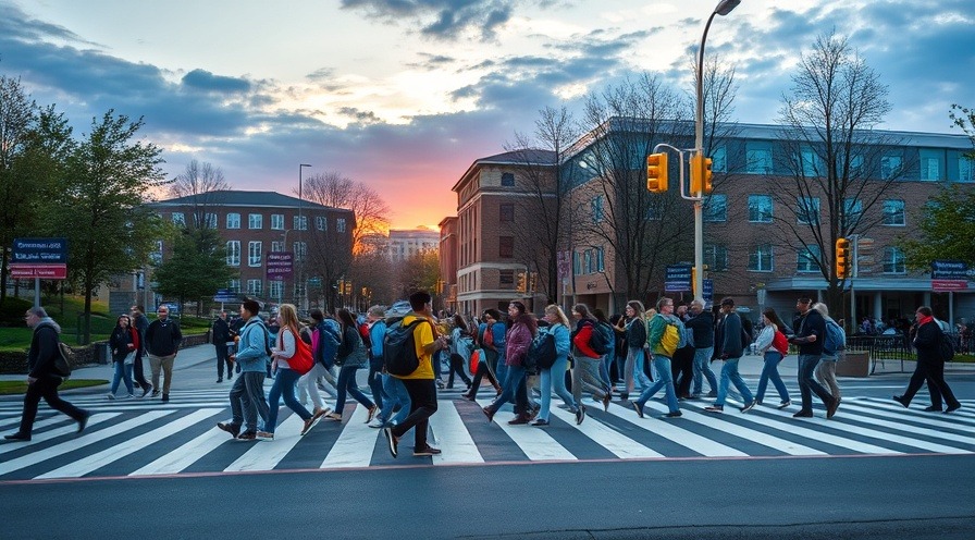 Diverse students walk safely across a college campus crosswalk at sunset.