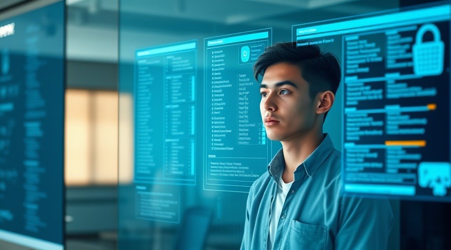 Young professional studying digital database on a large screen with curiosity.