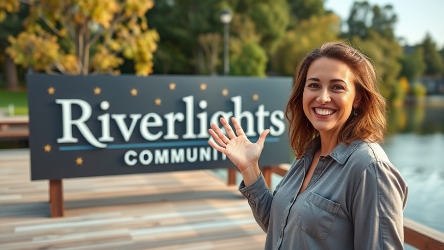 Cheerful woman showcasing Riverlights community sign, highlighting sustainable living in Wilmington NC.