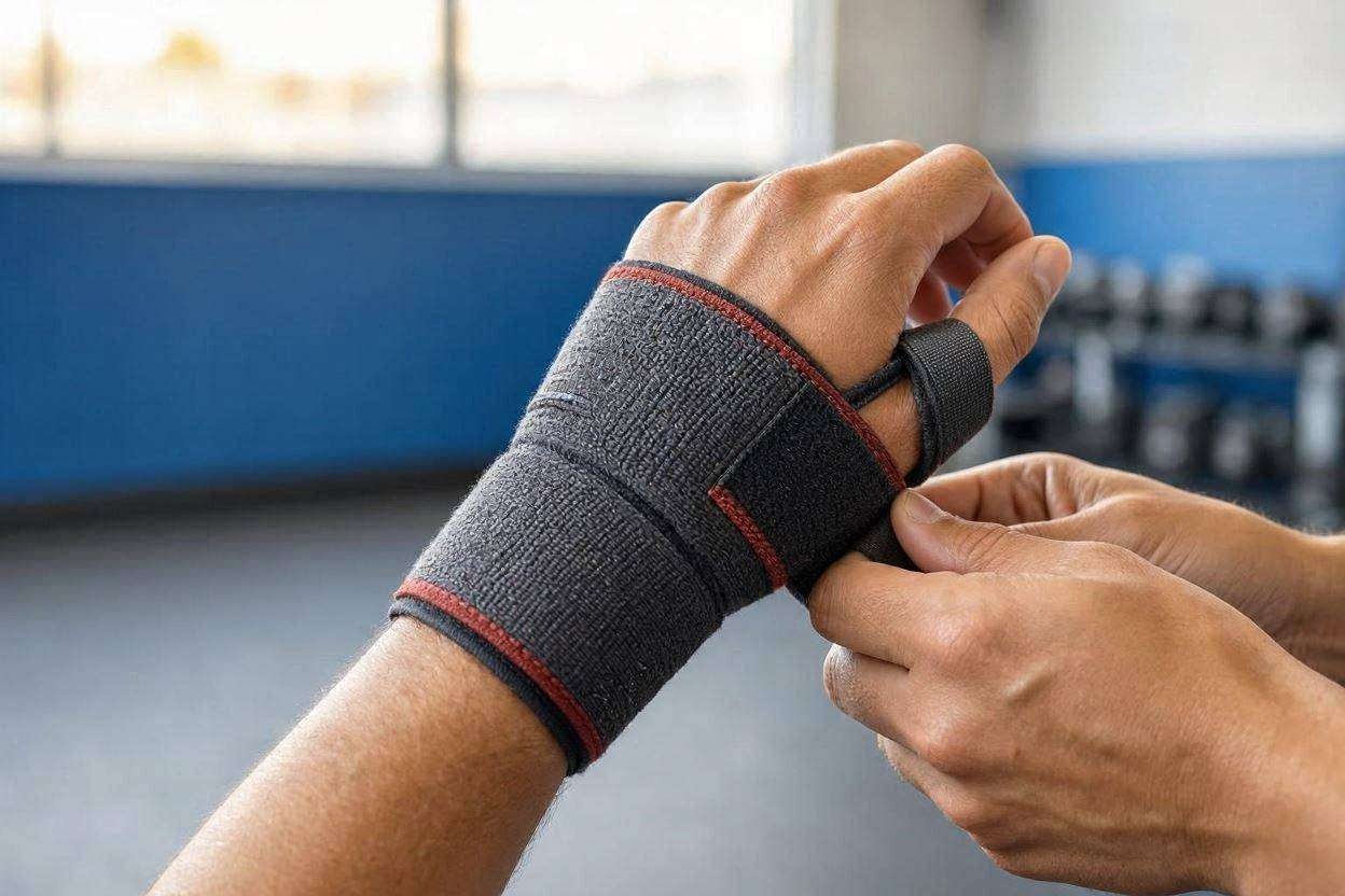 an athlete's wrist being wrapped with a heavy-duty stiff wrist wrap
